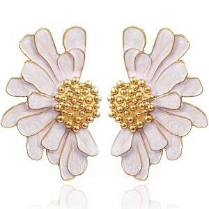 GOLD TONE 2" GOLD & WHITE ENAMEL FLOWER‎ DROP PIERCED EARRINGS